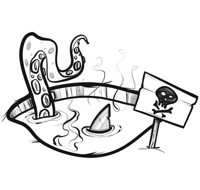 Illustration of a lake with a Kraken tentacle, shark fin and a sign wwith a skull and crossbones